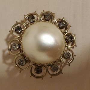 Faux Pearl Brooch with Smoky Gray Rhinestones in Ornate Gold Setting